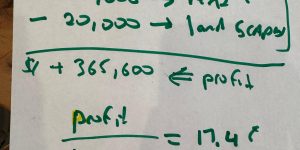 A handwritten napkin showing daycare revenue ($2.1M), costs (salary, food, rent, landscaping), profit ($365,600), profit margin (17.4%), and valuation ($1,095,000), written for a six-year-old